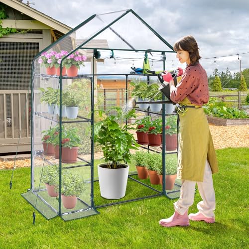 Image of Ohuhu Small Greenhouse for Outdoors: 4 Tiers 6 Shelves Walk-in Indoor Green House Heavy Duty Plant Stands Reinforced Plastic PVC Cover Mini Portable Warm House for Outside, 4.8x2.5x6.4 FT