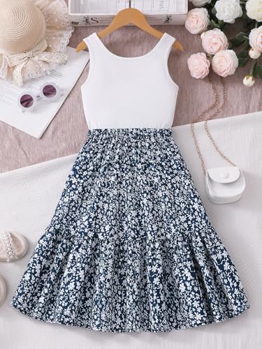 New 6-14 Years Seecholso Girls Casual Dress Ribbed Knit Tank Top Floral Skirt Elastic Waist Summer A-Line3