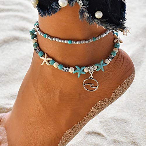 Preisvergleich Produktbild Dusenly Boho Starfish Turtle Fußkettchen Fußkettchen Fußkette Charm Beads Sea Handmade Fußkettchen Fußschmuck für Frauen Mädchen (Welle)