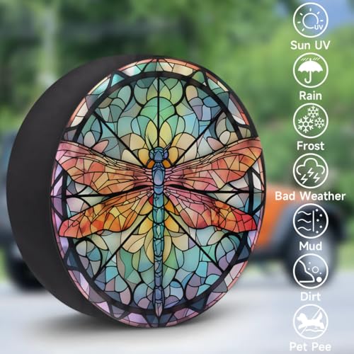 Image of Spare Tire Cover for RV Trailer, Glass Dragonfly Pattern Tire Covers Universal Fit for Travel Trailer Camper Jeep RV SUV Truck Waterproof Wheel Cover (15 inch for Diameter 27 inch - 29 inch),A-789