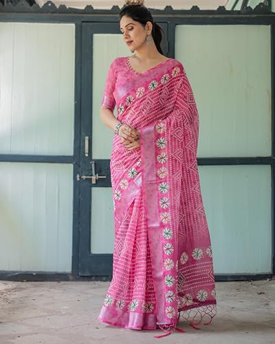 Image of Kaugalian store Linen Cotton Floral Printed Saree for Women with Unstitched Blouse Piece | 5.5 M Saree & 0.8 M Blouse