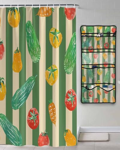 Shower Curtains for Bath Shower Organizer Set, Vegetables Tomatoes Cucumbers Carrots Green Stripes Waterproof Shower Curtain, 10 Pockets Mesh Wall Hanging Storage Moisture Bag Accessory, 48x72