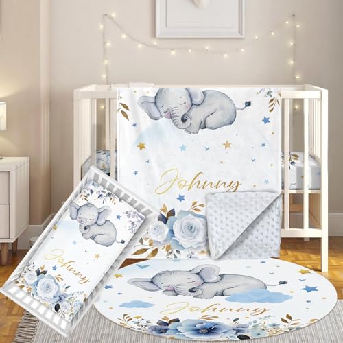 Terwex Custom Baby Crib Bedding Set, 3 Pcs Personalized Nursery Bedding Set with Name, Soft Baby Bedding Crib Sets with Blanket - Toddler Crib Sets for Girls Boys, Infant Newborn Gifts, Blue Elephant