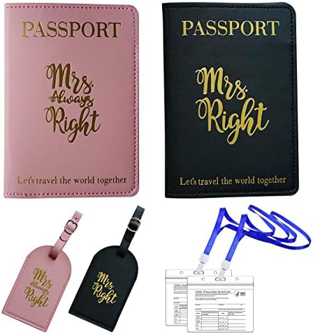 Mrs.Right and Mrs.Always Right Passport Holders and Luggage Tags with Plastic Clear CDC Vaccination Card Holder Pu Leather Passport Covers Lesbian Couple Honeymoon Present Slim Travel Wallets for LGBT Wedding Shower Gift 2 Packs
