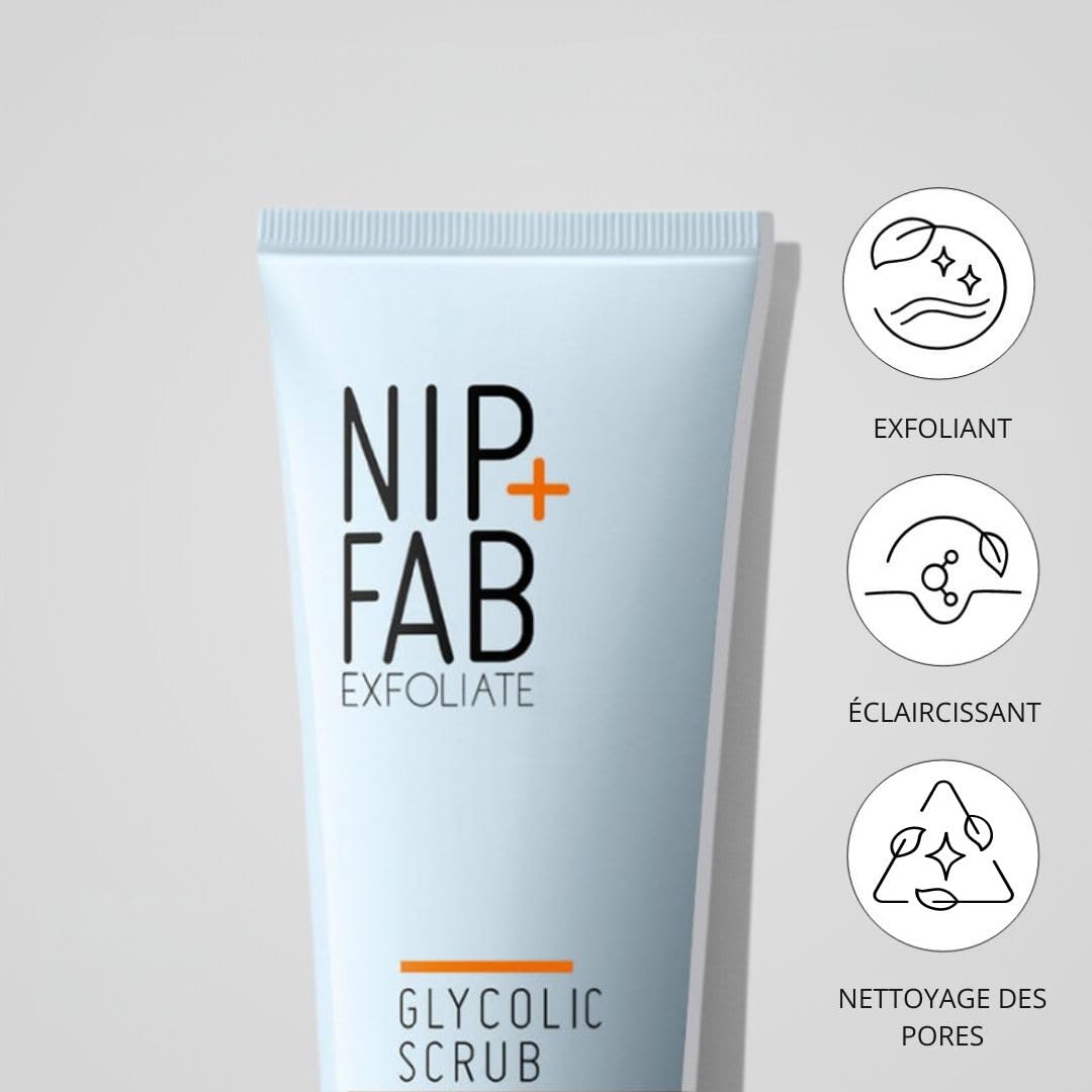 Nip+Fab Glycolic Fix Scrub | Peeling à l'Acide Glycolique | Avec Acide Salicylique | Aha/Bha Nettoyant Exfoliant Pour Le Visage, Polissant Pour Affiner Les Pores, Éclaircissant La Peau | 75 ml
