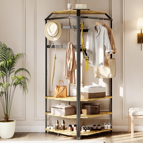 GarveeHome Corner Coat Rack with Shoe Bench Entryway, Corner Hall Tree with 6 Double Hooks, Clothes Rack with Storage Hall Tree with Organizer Shoe Bench Shelf (Vintage 02, 20 * 20 * 71 inch)