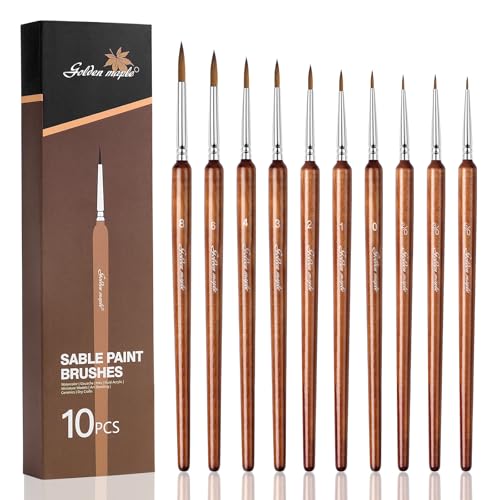 Golden Maple Artist Paint Brushes 10PC Synthetic Sable Brush Set Miniature Fine Detail Paint Brush Round Point Paint Brush Set for Miniatures Acrylic & Figures Model Watercolor Details