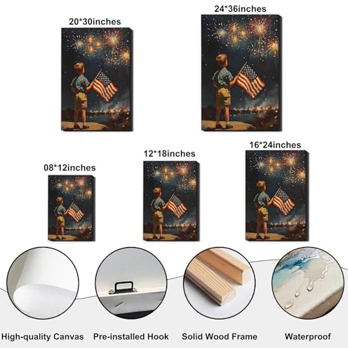 Image of RIBNTAK Patriotic 4th of July Fireworks and American Flag Canvas Wall Art, Little Boy with US Flag Painting, Independence Day Wall Decor for Living Room, Bedroom, Home and Office, Made in USA