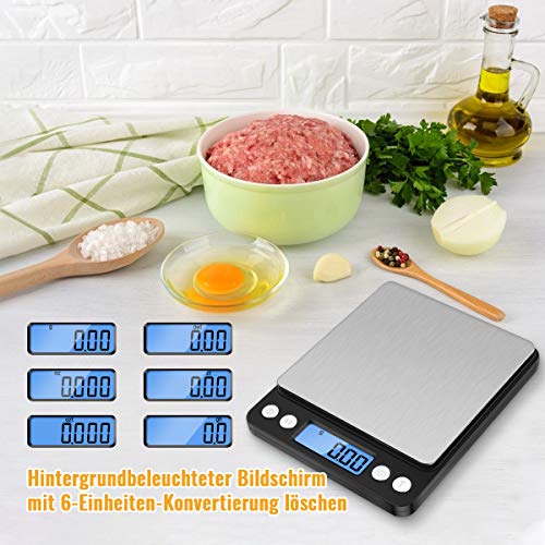 Diyife Feinwaage 500g/0,01g, Briefwaage, Taschenwaage, Hohe Präzision, LCD-Display mit Hintergrundbeleuchtung, Küchenwaage mit Tara-Funktion & PCS, mit 2 Tablett & Batterien - Schwarz