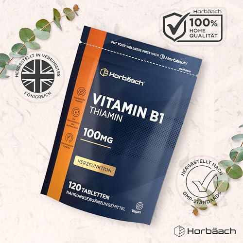 Vitamin B1 Hochdosiert 100mg Thiamin | 120 Vegane Tabletten | Ohne künstliche Zusätze | von Horbaach