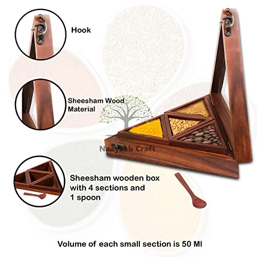 Image of Naayaab Craft Sheesham Wooden Masala Spice Box with Spoon - Anjarai Petti - Spice Box - Triangular Design