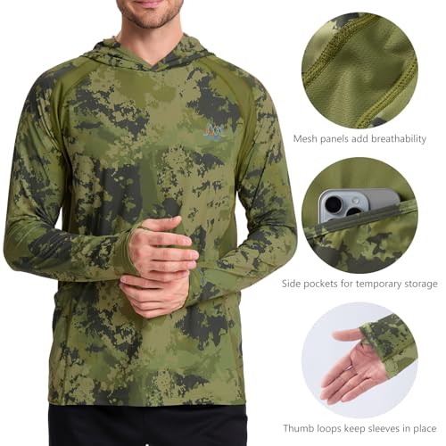 Image of Men's UPF 50+ Hoodie Shirt Long Sleeve Permanent UV Sun Protection Vented Tee Performance for Outdoor Hiking Fishing