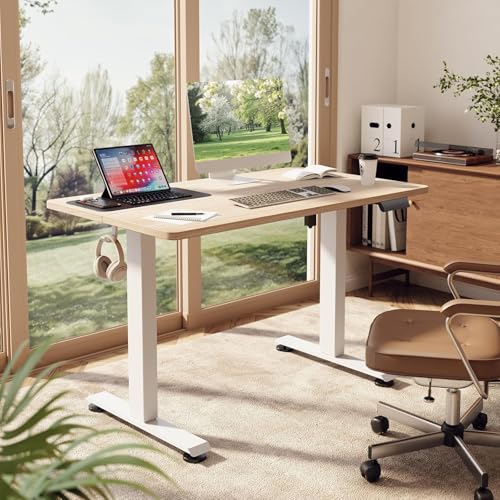 Image of Veken 47.2 Inch Electric Standing Desk, Height Adjustable Sit Stand Up, Wood Desktop, Work Home Office Computer PC Desks, Gaming Writing Study Bedroom Rising Table, Nature