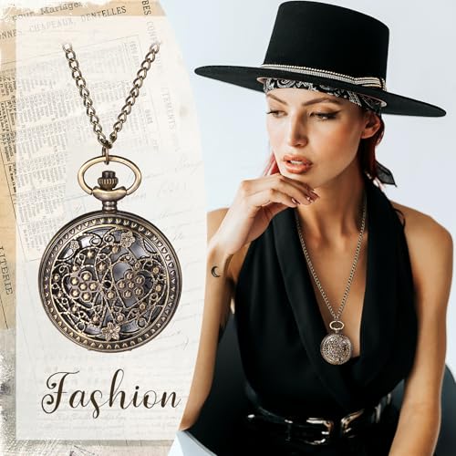 Image of JewelryWe Bronze Flower Pocket Watch: Retro Vintage Pendant Watch with Openwork Cover and 32.3 Inch Chain - for Men Women Daily Wear and Gift Giving