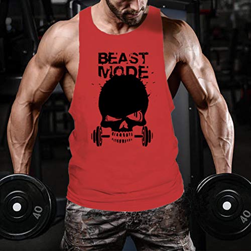 Gzxisi Mens Skull Print Stringer Bodybuilding Gym Tank Tops Sleeveless Workout Shirt Fitness Vest (B# Red, Large) #TOP3