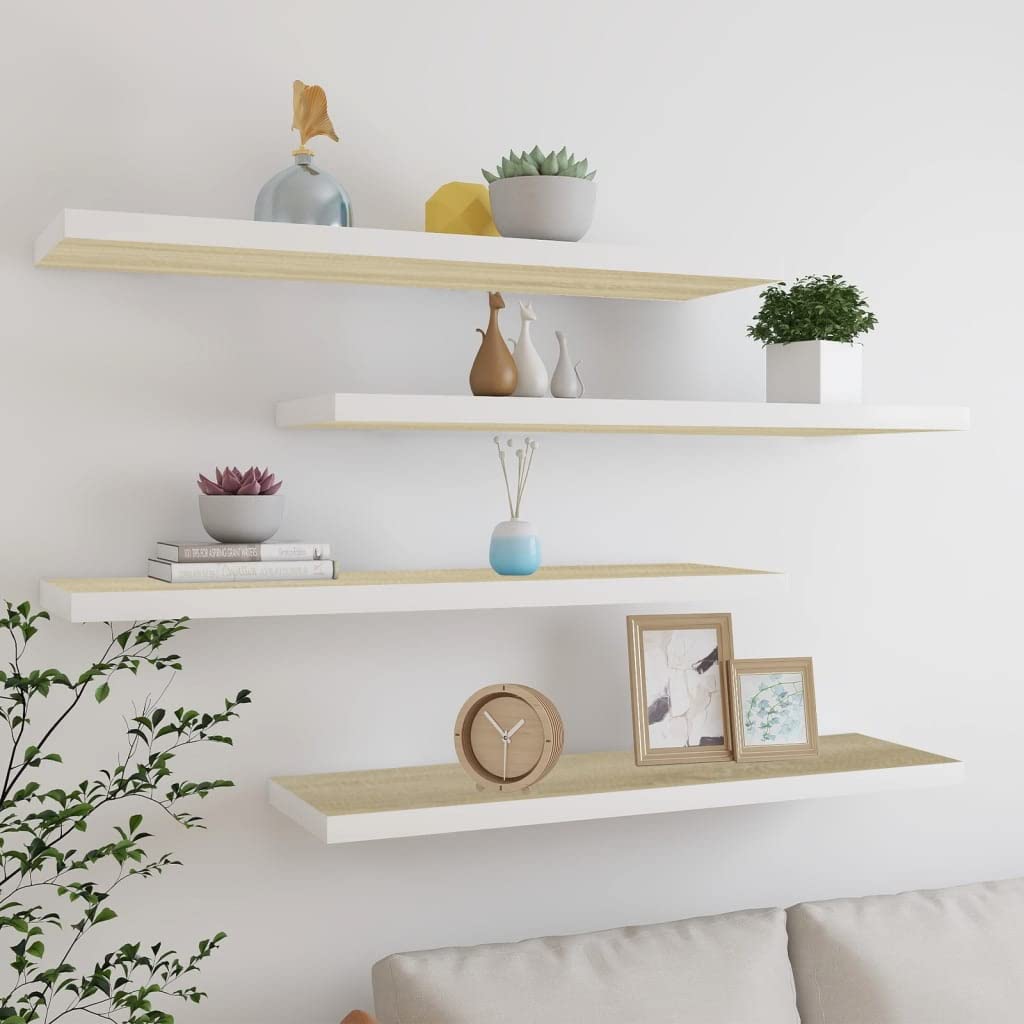 Półki wiszące 4 szt. dąb i biały 90 x 23,5 x 3,8 cm płyta MDF konstrukcja płyty o strukturze plastra miodu metalowa rama półka ścienna rozwiązanie do przechowywania akcesoria do domu