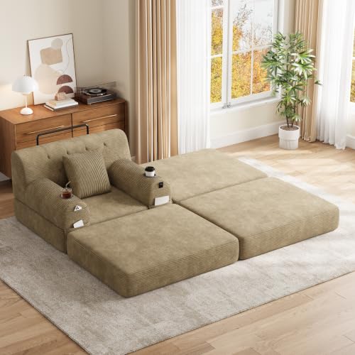 Sofá cama modular ajustable de pana caqui con taburete y función tumbado Boneless 2