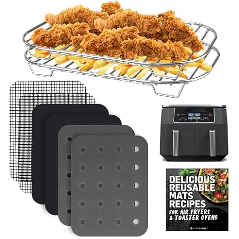 Accessories for Ninja Dual 2 Basket Air Fryer 10 QT DZ401 & 8 QT DZ201, Racks for Foodi Dual Zone, Reusable Liner Sheets for Double Airfryer, 9pcs Kitchen Accessory Set with Recipe Book by INFRAOVENS Cover