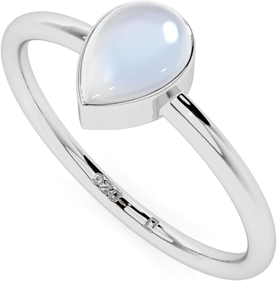Natural Rainbow Moonstone Stackable Ring for Women in Sterling Silver, June Birthstone Handcrafted Jewelry Gifts for Her (Round, Oval, Pear)