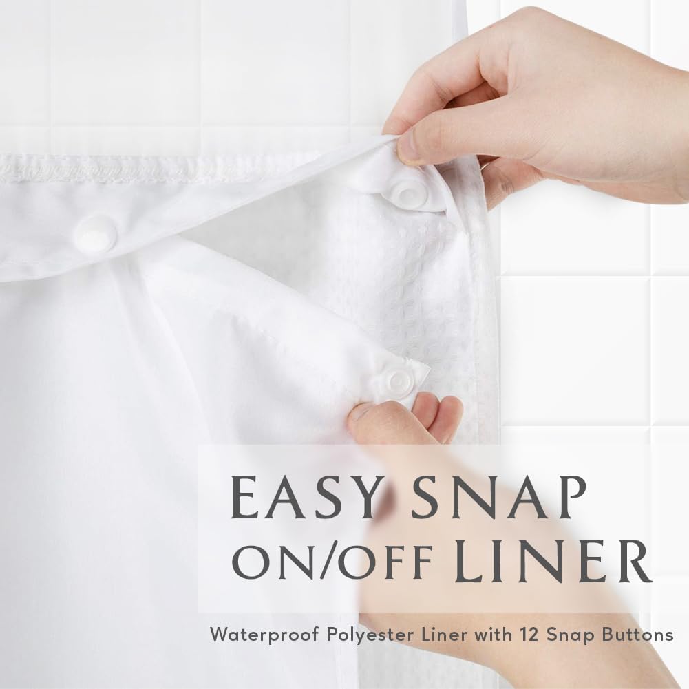 Comfecto No Hook Shower Curtain 71 x 80 Inch with Snap-in Fabric Liner, White Hotel Style Bathroom Curtain Set, Waterproof Washable Design, Easy Install No Rings Needed