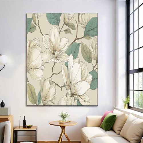 ZISTRCBAO Leinwandbild Mit Creme Magnolie, Vintage Blumen Wandkunst Leinwand Gemälde, Beige Poster Druck Wandbilder Für Wohnzimmer Schlafzimmer Küche Café 70×100 cm