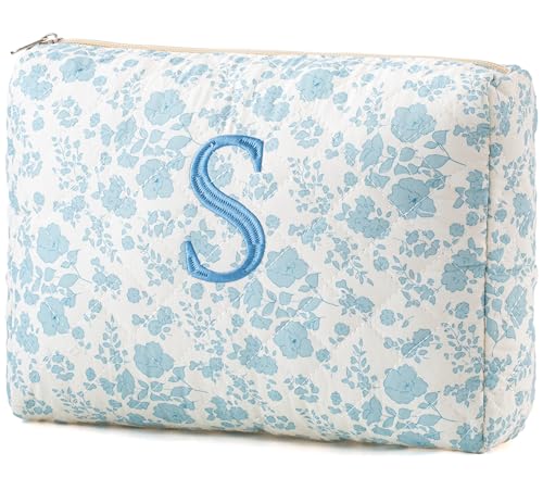 HBselect Initial Quilted Makeup Bag, Cotton Large Travel Makeup Bag, Cute Floral Coquette Make up...