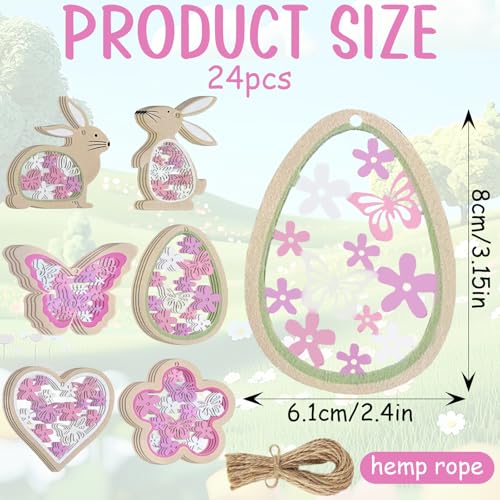 TENGWA 24 Stücke Ostern Deko Holz Frühlingsdeko 8 cm Osterdeko zum Aufhängen Rosa Osterdeko Osteranhänger Ostereier Hasen Schmetterlinge Blumen Herzen Osterkörbe für Drinnen und Draußen
