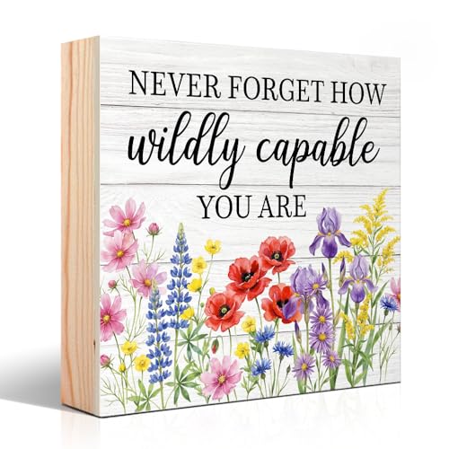 Vgrti Never Forget How Wildly Capable You Are Wood Box Sign, Colorful Floral Spring Summer Desk Decor for Home Office Kitchen, Inspirational Gifts for Women Girls Coworkers Friends Sister Daughter BFF