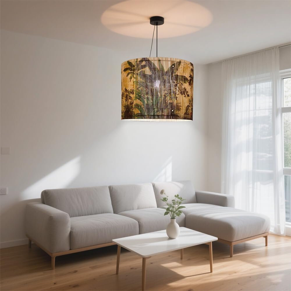 Bamboo Lampshade, Cylindrical, Translucent Bucket Design, Tropical Green Plants Pattern, 11.8x9.05 Inch, Foldable, Art Deco, Rustic Elegant, For Floor and Desk Lamps (Tropical Palm Tree A)