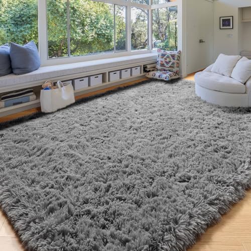 Amdrebio Grey Area Rugs for Living Room, 9x12 Carpet, Fluffy Shaggy Soft Rugs for Bedroom, Large Big Floor Rug for Kids Room Dorm, Gray Carpet, Modern Indoor Rug for Teens Men Baby Boys Home Decor