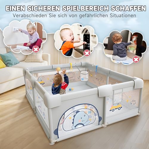 Laufstall Baby, 200x180cm Laufgitter Baby mit Rutschfestem Boden, Stabiler und Sicherer Indoor-Babyspielplatz, Inkl. 60 SeebäLle, 4 Griffe, Playpen, Aufbewahrungstasche, (Dinosaurier-Muster)