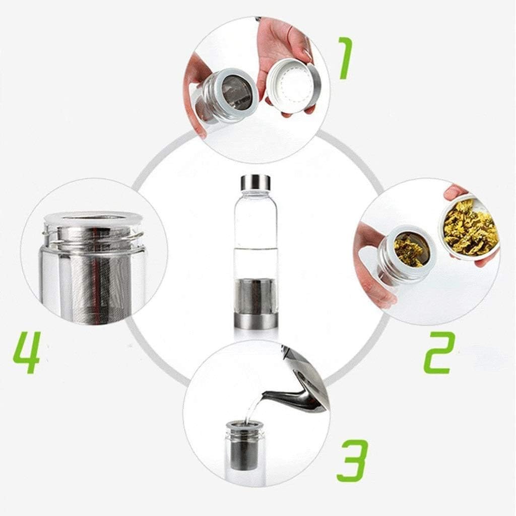 400ml Portable Fashion Transparent Glass Filter Tea Bottle with Lid Creative Flower Tea Cup with Stainless Steel Filter Basket Tea Strainer and Portable Glass Teapot for Bre