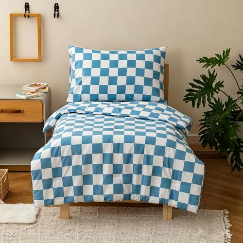 Image of Wellboo Blue White Plaid Toddler Bedding Sets for Girls Boys Sky Blue and White Checkerboard Grid 4 Pieces Soft Crib Bed Set Including Comforter, Sheets and Pillowcase Kids Checkered Geometric Quilt