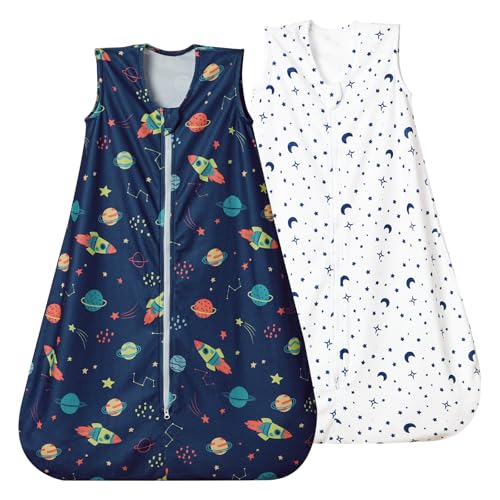 Image of david's kids Micro Fleece Baby Sleep Sack 18-24 Months, Soft Warm Baby Wearable Blankets with 2-Way Zipper, 2 Pack Comfy Sleeping Bags for Infant Newborn Boys Girls Neutral, X-Large Size, Space Navy