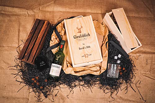 Personalised Glenfiddich 12 Year Old Single Malt Scotch Whisky Gift Set with Glass | Premium Whisky Gift in Wooden Presentation Box | Custom Gift for Him or Her – 40% ABV, 70cl