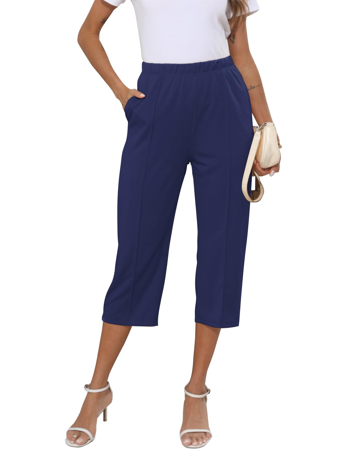 GUOLEZEEV Womens Cropped Pants Elastic Waist Pull On Capris Pants Casual Basic Capri 2024 Summer Pants