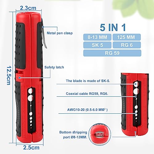 DBREAKS Universal Stripping Tool, 125mm Coaxial Cable Stripper, SK5/RG6/RG59 Electric Cable Stripper, Red - Image 2