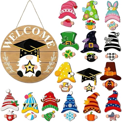 Yiranok Interchangeable Wooden Gnome Decor Holiday Seasonal Gnome Decorations with Magnet Pieces and Detachable Hats Changeable Welcome Sign for Home Decor Valentines St. Patrick's Day Easter