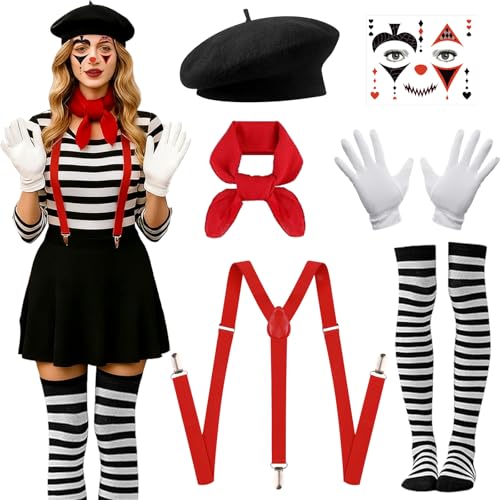 LUKIUP Mime Déguisement, 6 Pièces Costume Mime, Accessoire Mime Déguisement, Convient aux Femmes et aux Filles, Halloween, Carnaval, Fête Déguisée
