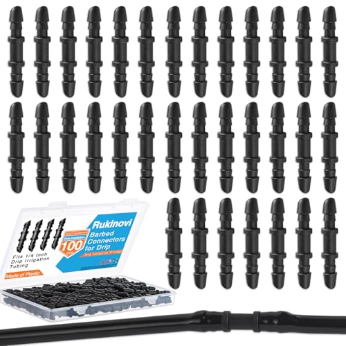 Xiuouix Drip Irrigation Couplers 1/4 Quick Connect Black Barbed Coupling Connectors for Garden Lawn Irrigation System Lawn Shrubs Raised Beds Trees Lawn Greenhouse (Black+100)