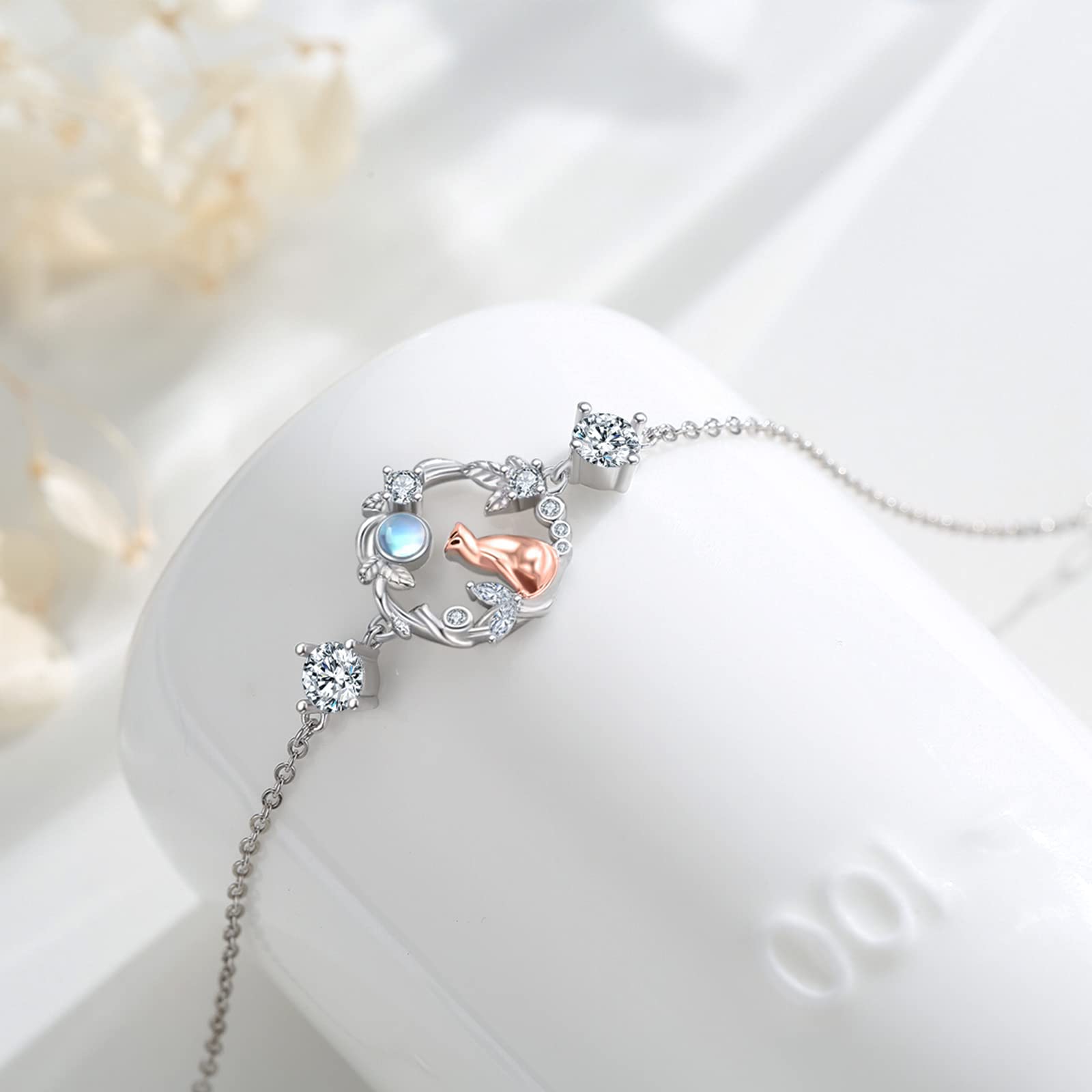 Pulsera de gato de plata de ley 925 para mujer, plata con piedra lunar y gatos, regalo para mujeres, amantes de los gatos y regalos para madres, Plata de ley