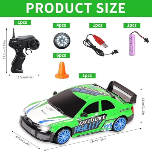 Image of Rc Drift Remote Control Car 1:24 Scale, High-Speed, 4Wd, Led Lights, Rechargeable Racing Car, Drifting Tires, 2.4Ghz, for Kids (1:24 RC Drift - Green)