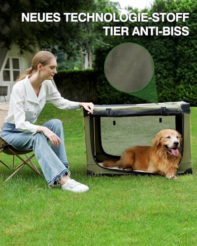 derimkcoa Hundebox faltbar für mittlere Hunde,Hundetransportbox Auto mit verstellbarem Design, reißfesten Netzfenstern & Plüsch-Betteinlage für Zuhause & Reise,76 * 54 * 54cm,Grün