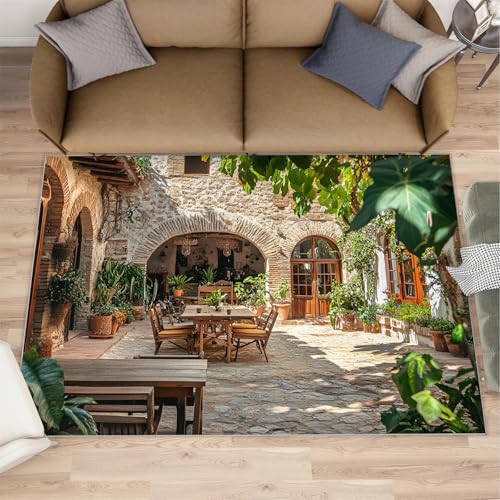 Mediterranean Courtyard Rugs for Boys Room, European-Style Villa Area Rug, Machine Washable Kids Rug for Living Room Bedroom Kitchen Dining Room Decor Floor Mat 4x6