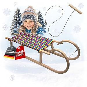Hörnerrodel 120 cm mit Gurtsitz bunt - Holzschlitten aus massivem Buchenholz - Hörnerschlitten Rodelschlitten für 2 Personen, Zugseil & Stahlkufen