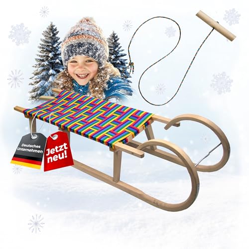Trineo para cuernos [trineo de madera] con cuerda de tracción, herrajes de acero suave, 120 cm, madera de haya, con asiento de correa, fibras sintéticas, 2 personas, multicolor
