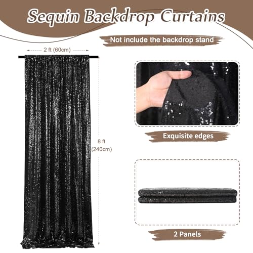 Image of Black Backdrop Curtains for Parties 2 Panels 2ftx8ft Sequin Birthday Backdrop Seamless Photography Background Halloween Decoration