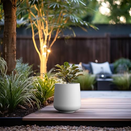 Image of Kante Large Round Curved White Concrete Planter 16.5 inch Dia, Outdoor | Rubber Plug for Indoor, Drainage for Garden, All-Weather Cement Tree Pot, Handcrafted, Anti-Frost & UV, Modern Home Decor