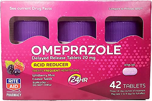 Rite Aid Acid Reducer Omeprazole Delayed Release Tablets, Wildberry Mint Flavor - 20 mg, 3 Bottles, 14 Count Each (42 Count Total) | Heartburn Relief - Heartburn Medicine - Treats Frequent Heartburn