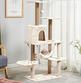 51" Cat Tree for Indoor Cats, Cat Tower with Scratching Post, Cat Tree House with Hammock, Basket, Perches & Hanging Balls, Small Medium Cat Climbing Tower for Play & Rest, 4 layer White Cat Furniture